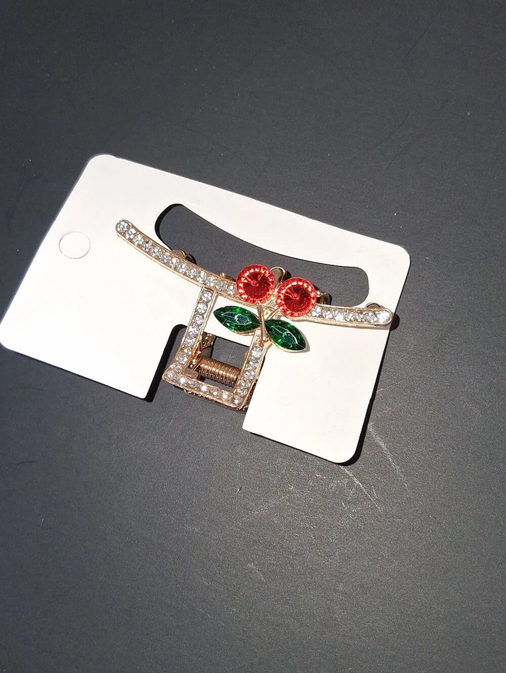 Gold Cherry Crystal Hair Clip - Red and Green Accent